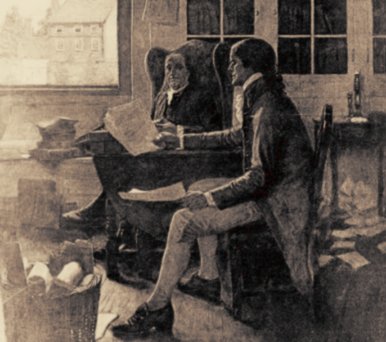 Jefferson reading declaration to Franklin